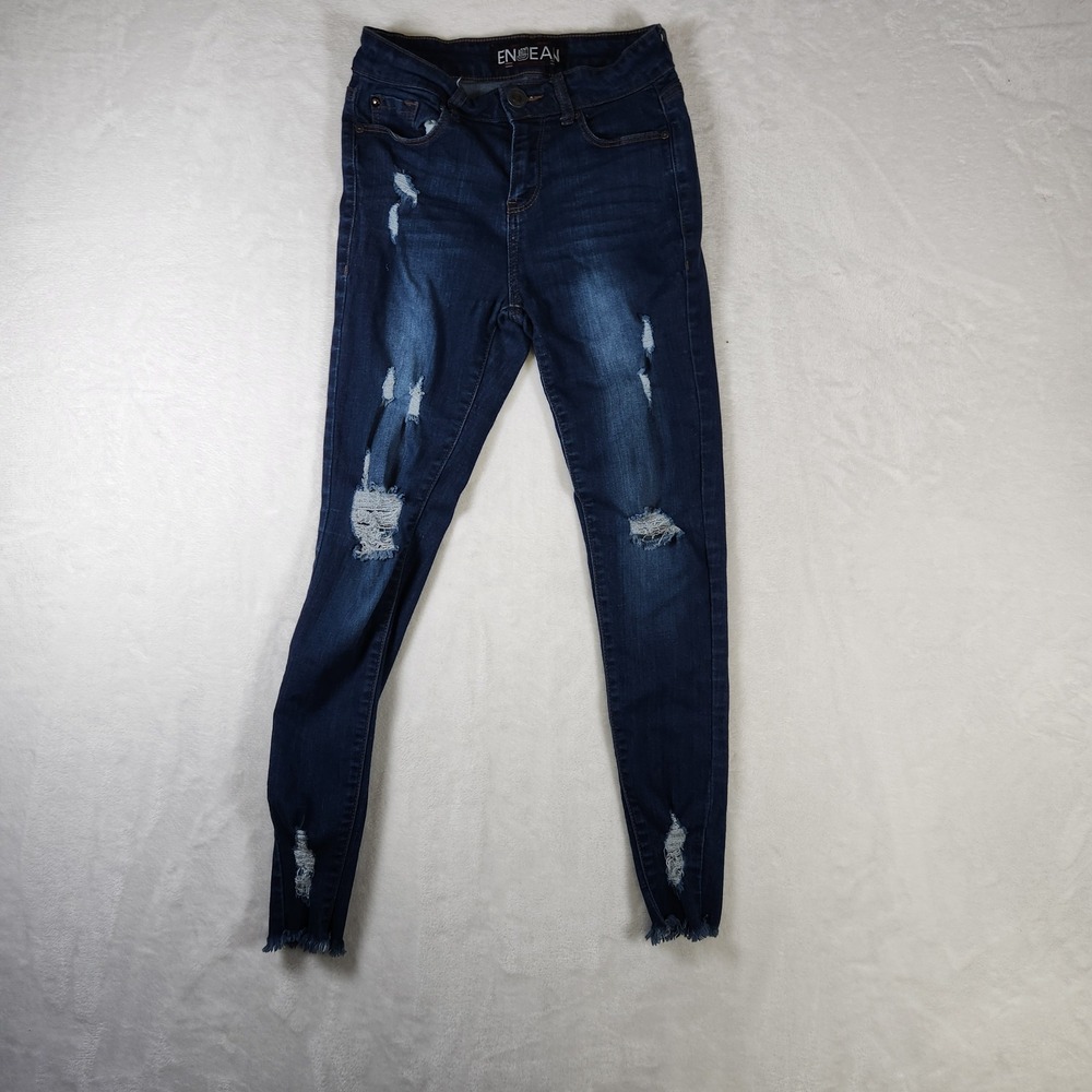 EnCJeans Distressed‎ Frayed Hem Skinny Jeans Dark Wash Juniors Size 1